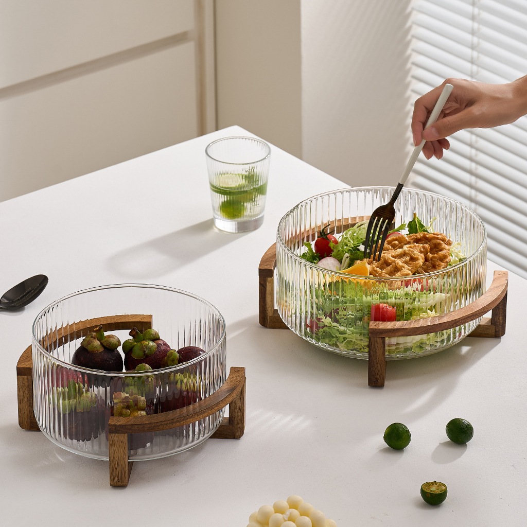 Conjunto de Saladeira Extra Grande de Vidro 1,8L 3L Com Tampa e Base junto