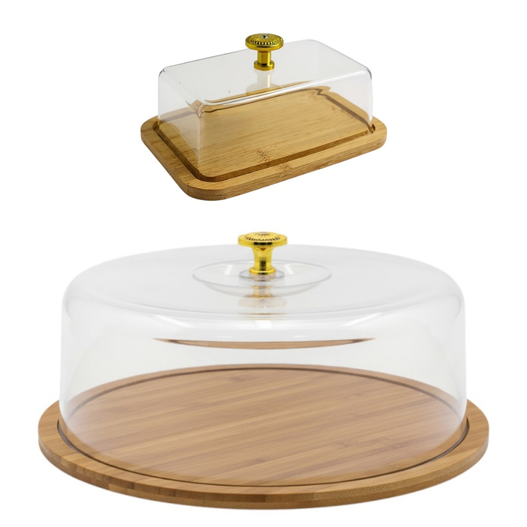 Boleiro Porta Bolo Base Bambú Acrílico & Pegador Dourado