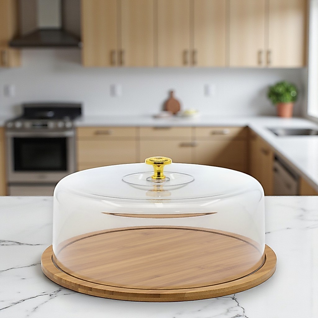 Boleiro Porta Bolo Base Bambú Acrílico & Pegador Dourado