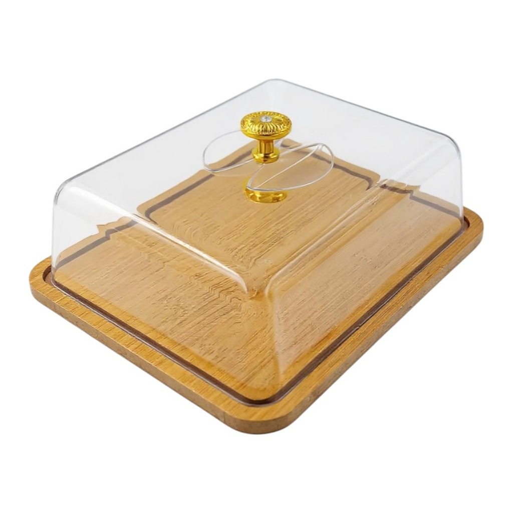 Boleiro Porta Bolo Base Bambú Acrílico & Pegador Dourado