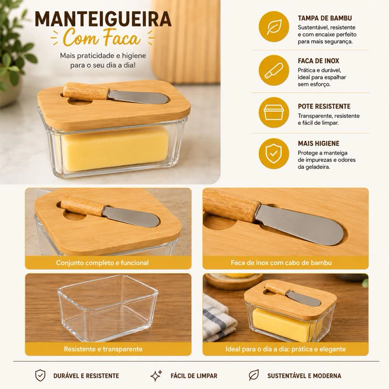 " Manteigueira Porta Manteiga com Tampa Bambu e Espátula de Aço 600ml Organizador Cozinha Mesa Posta Posta"