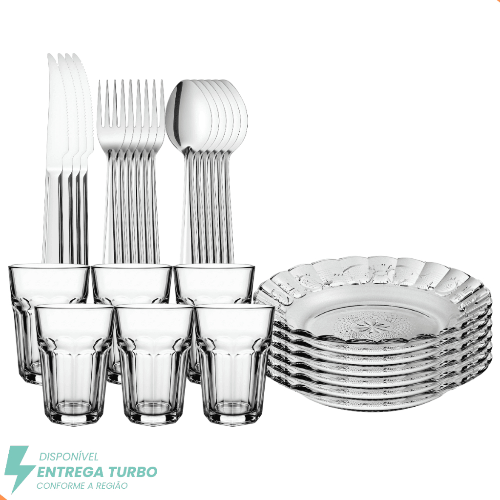 "Aparelho de Jantar Em Vidro Com Talheres 30 Peças - Copos, Pratos e Talheres Inox - Ideal Mesa Posta"