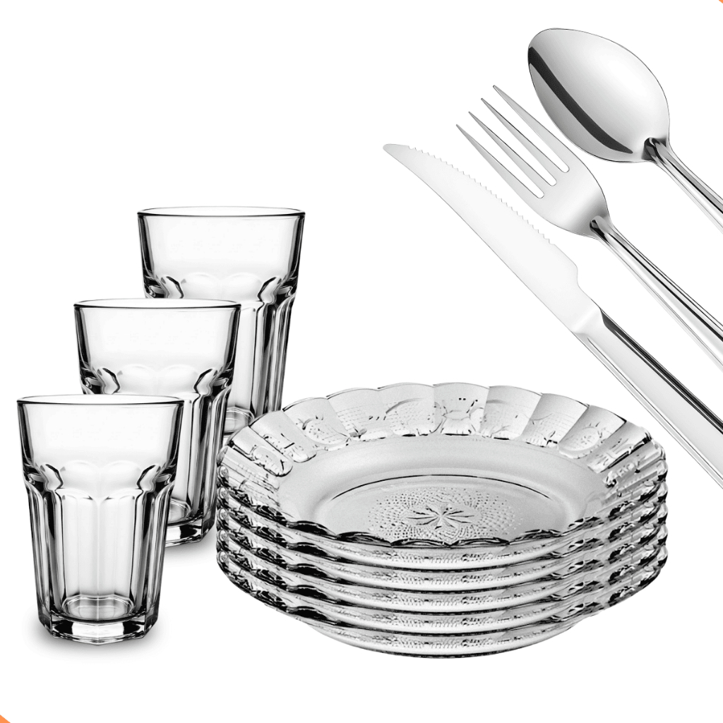"Aparelho de Jantar Em Vidro Com Talheres 30 Peças - Copos, Pratos e Talheres Inox - Ideal Mesa Posta"