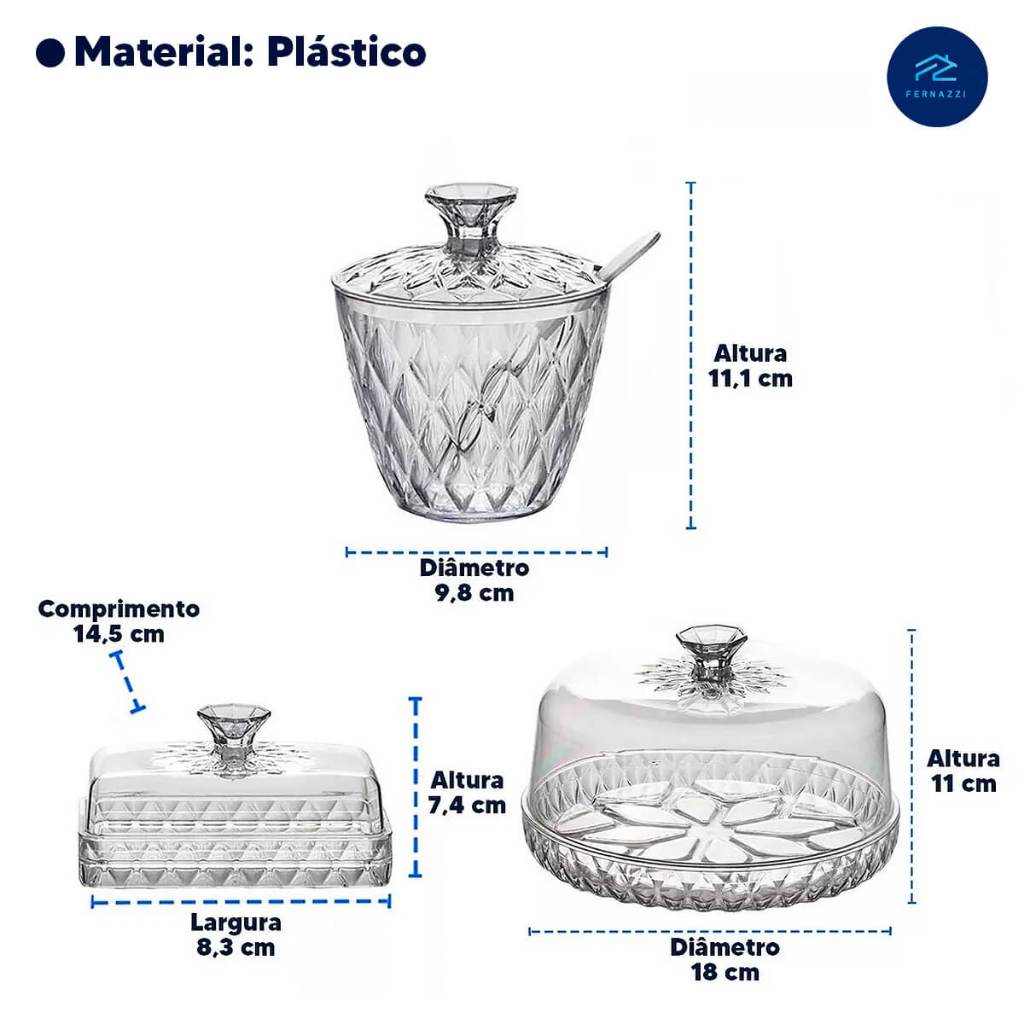 "Kit com 3 Itens Mesa Posta Glamour Queijeira Manteigueira e Açucareiro Acrílico Plasútil"