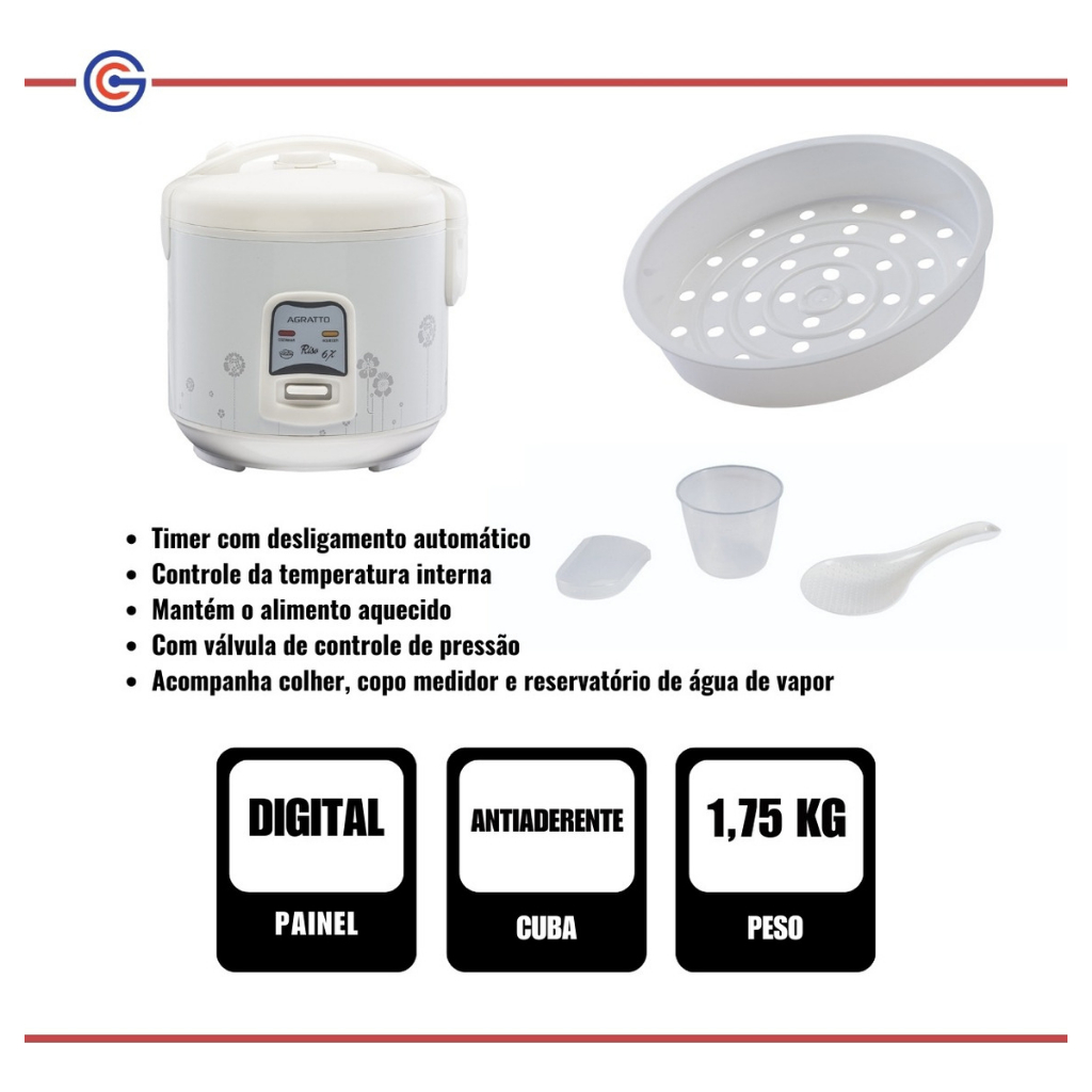 "Panela De Arroz Elétrica Riso PA6X Branco Agratto 127v/ 220v"