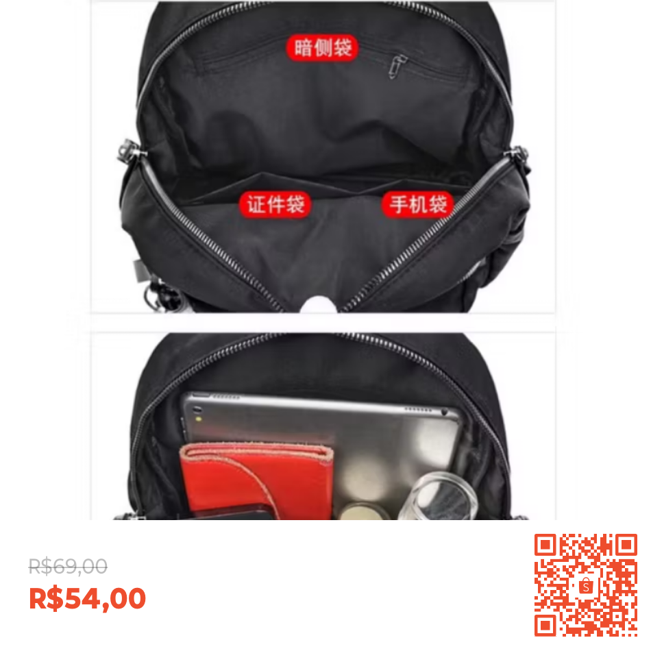 Mochila Feminina impermeável Escola resistente nylon tamanho médio com chaveiro (W-106)