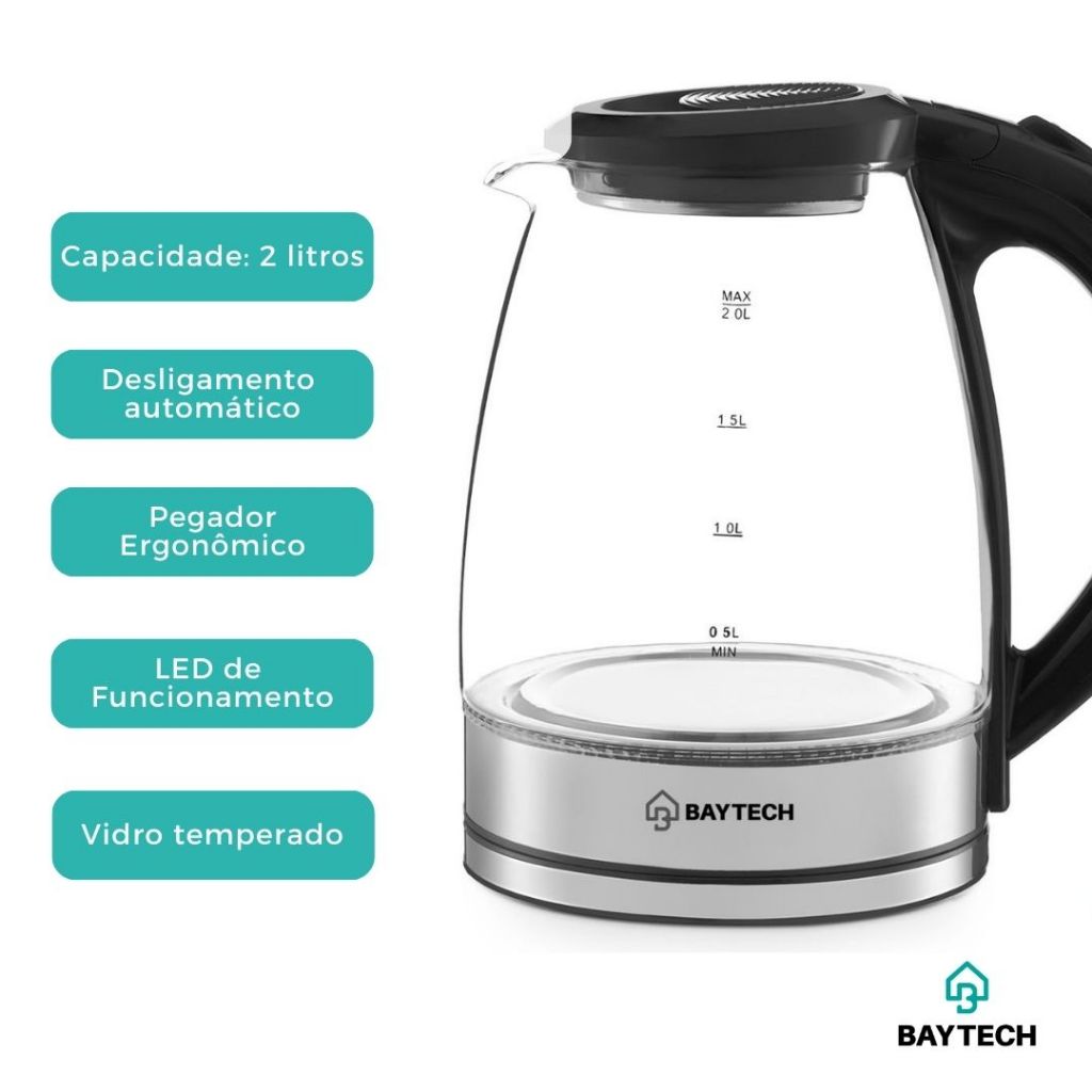 "Chaleira Elétrica Vidro 2L 1400W Rotação 360° Fervedor Água Jarra Elétrica 127V / 220V INMETRO"