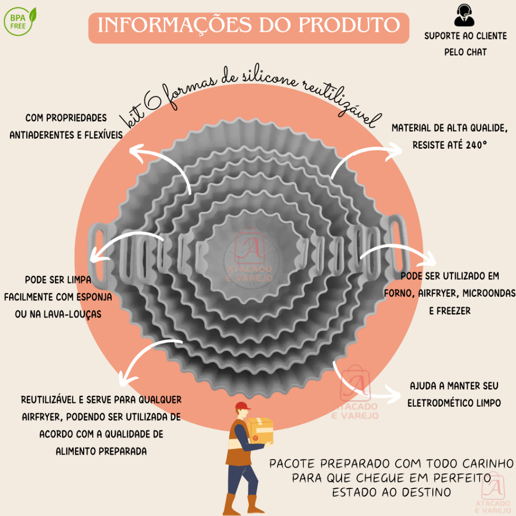 "Kit 6 Forma de Silicone para Fritadeira Air Fryer com Alça Antiaderente Cozinha Forma de Airfryer Silicone 6 Tamanhos"