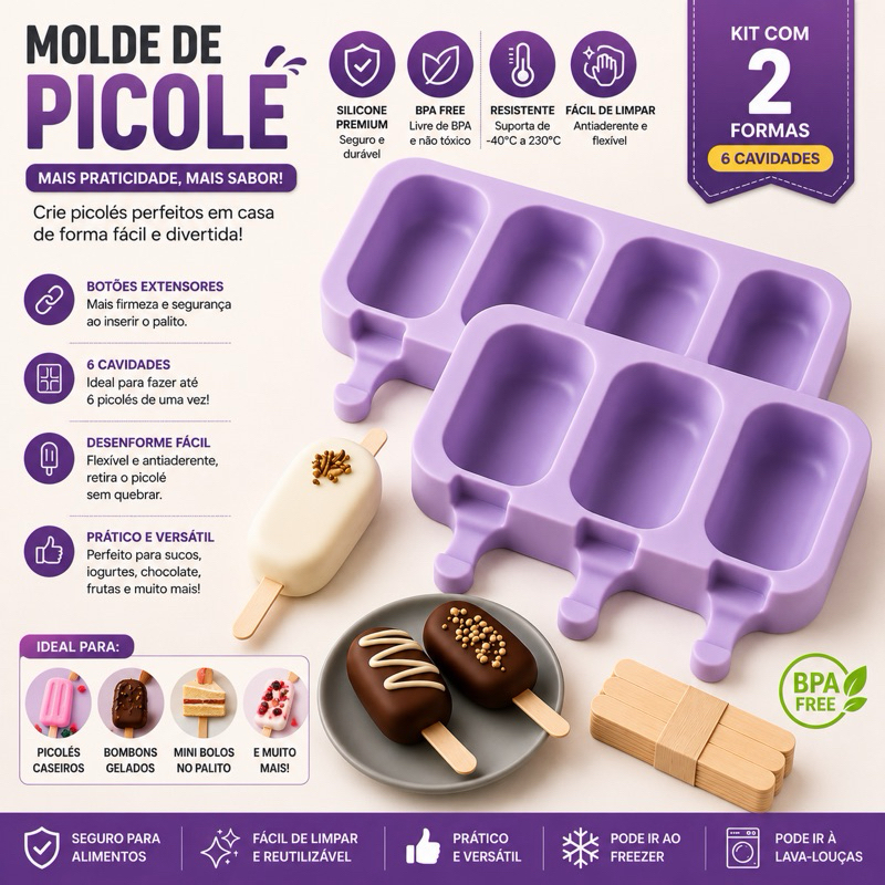 "Forma de Sorvete Molde de Picolé de Silicone" Com Tampa + 50 Palitos