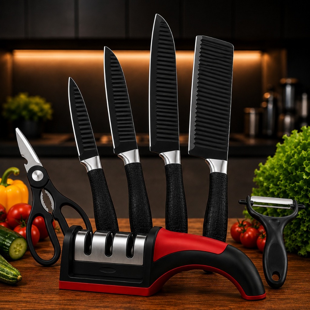 "Jogo de Facas 7 Peças Inox com Afiador 3 Estágios Tesoura Descascador Cozinha Churrasco"
