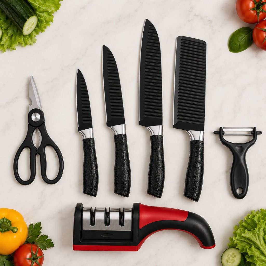 "Jogo de Facas 7 Peças Inox com Afiador 3 Estágios Tesoura Descascador Cozinha Churrasco"