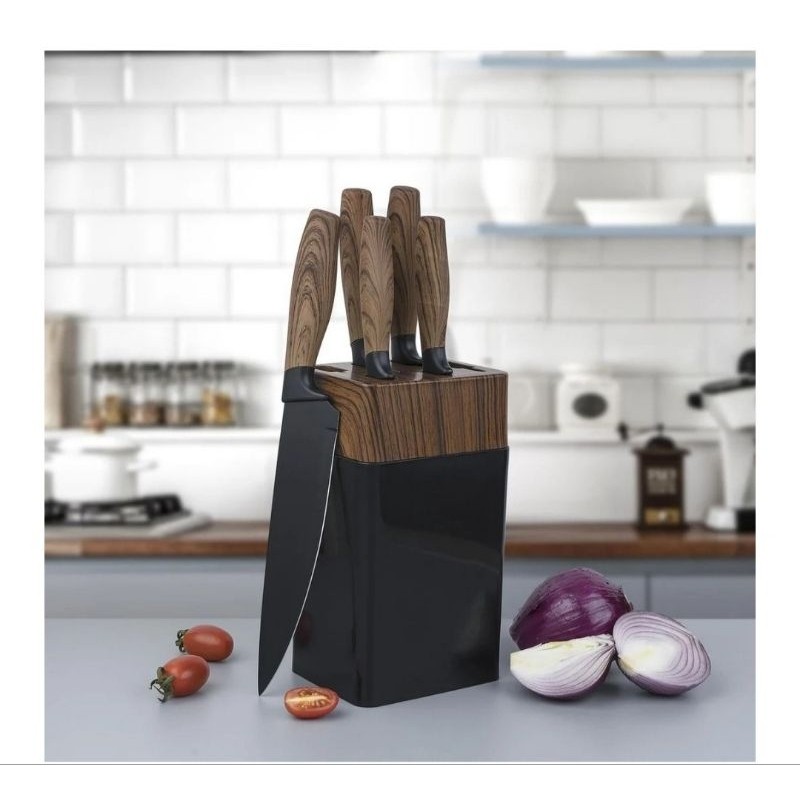 "Jogo de Facas 7 Peças Aço Inox com Cepo e Tesoura Cozinha Kit Completo Faqueiro Bancada Gourmet"