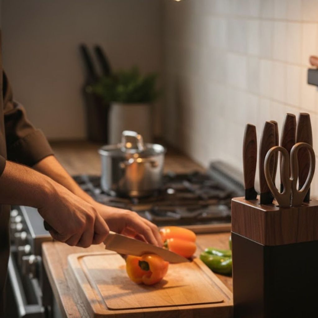 "Jogo de Facas 7 Peças Aço Inox com Cepo e Tesoura Cozinha Kit Completo Faqueiro Bancada Gourmet"
