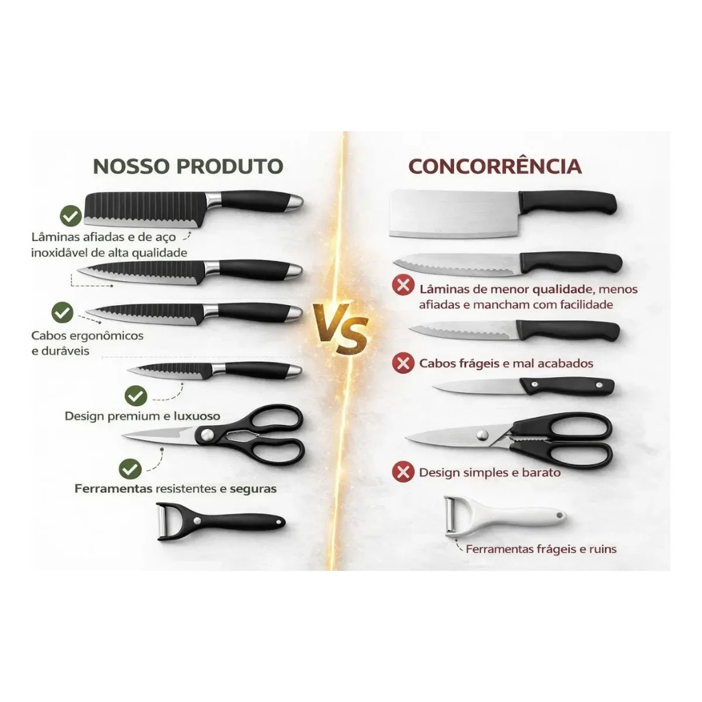 "Jogo de Facas 8 Peças Inox Cozinha Churrasco com Tábua de Bambu Afiador Tesoura e Descascador"