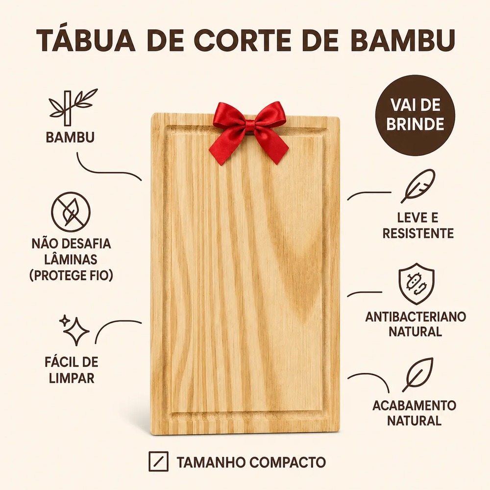 "Jogo de Facas 8 Peças Inox Cozinha Churrasco com Tábua de Bambu Afiador Tesoura e Descascador"