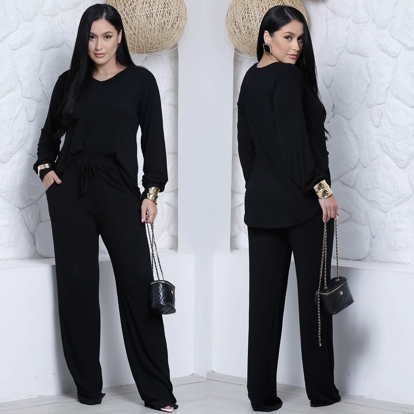 Conjunto Blusa e Calça pantalona com elastano