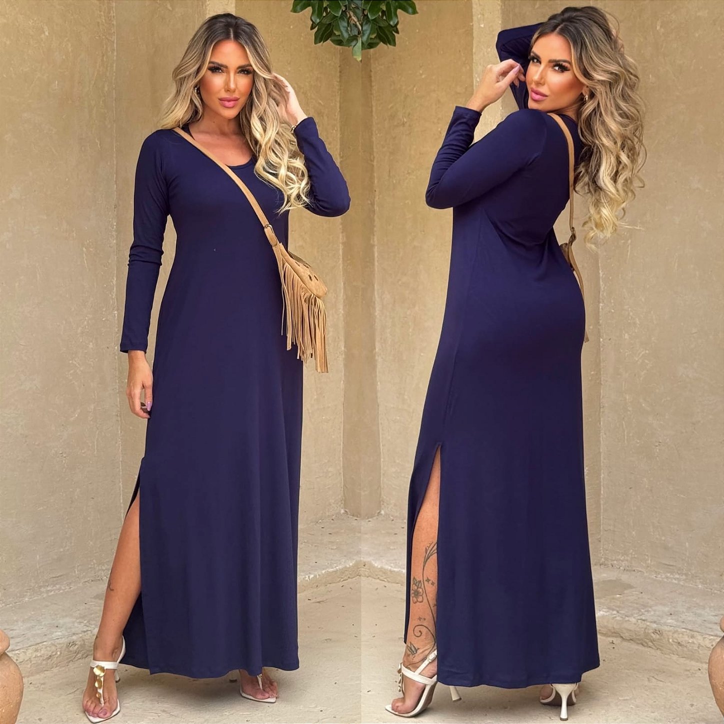 Vestido longo, fenda lateral, manga longa