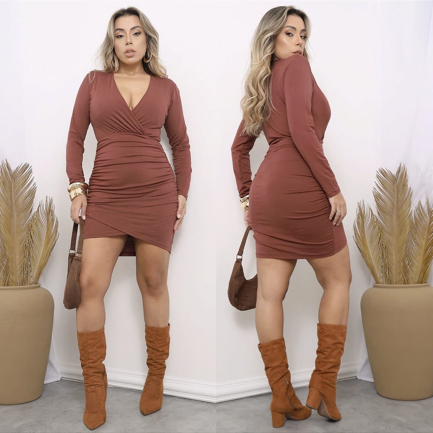 Vestido modela silhueta manga longa