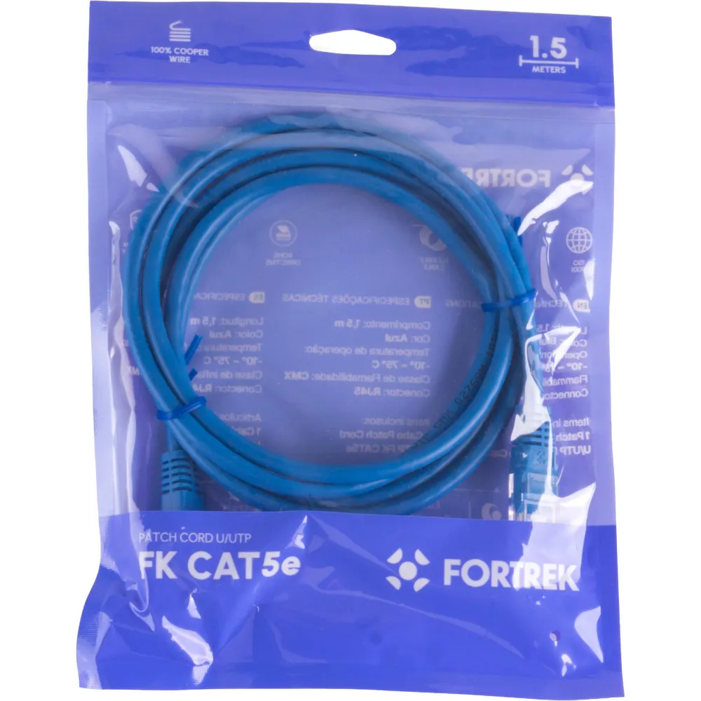 Cabo de Rede Patch Cord Cat5e Fortrek 1,5m Azul