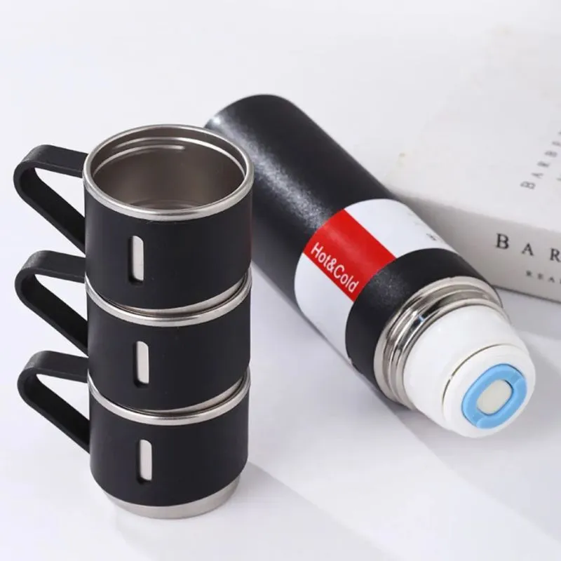Kit Garrafa Térmica Inox 500ml Preto com 3 Xícaras