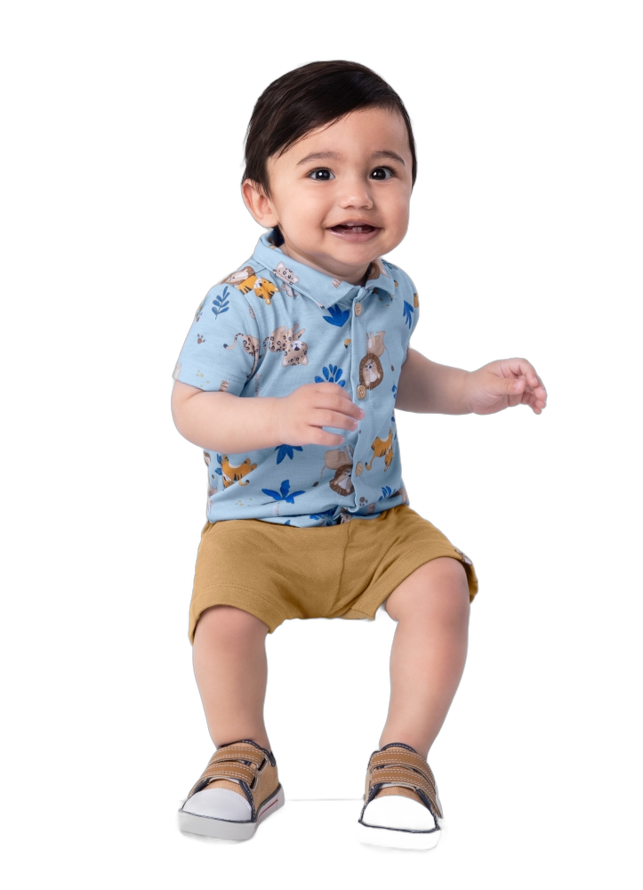 Conjunto bebê menino Camisa social em Meia Malha e Bermuda Moletinho Brandili es