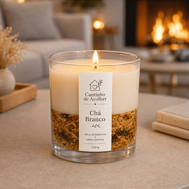 Chá Branco e Calêndula: Vela em Gel 200g com Flores Naturais - Cantinho de Acolher Criandê