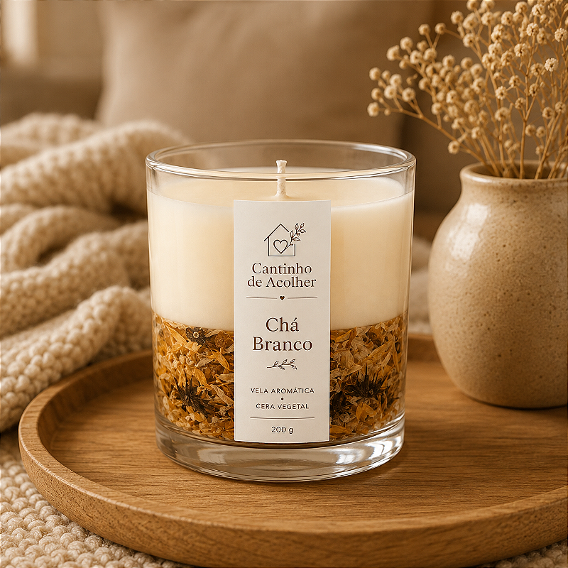 Chá Branco e Calêndula: Vela em Gel 200g com Flores Naturais - Cantinho de Acolher Criandê
