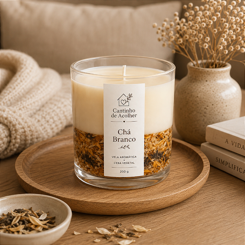 Chá Branco e Calêndula: Vela em Gel 200g com Flores Naturais - Cantinho de Acolher Criandê