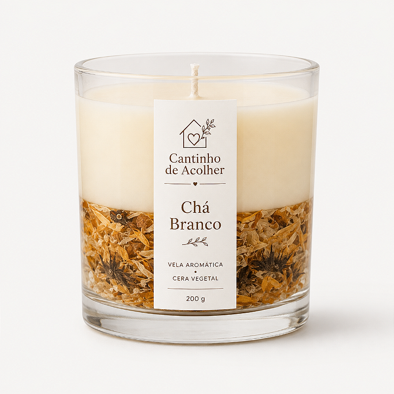 Chá Branco e Calêndula: Vela em Gel 200g com Flores Naturais - Cantinho de Acolher Criandê