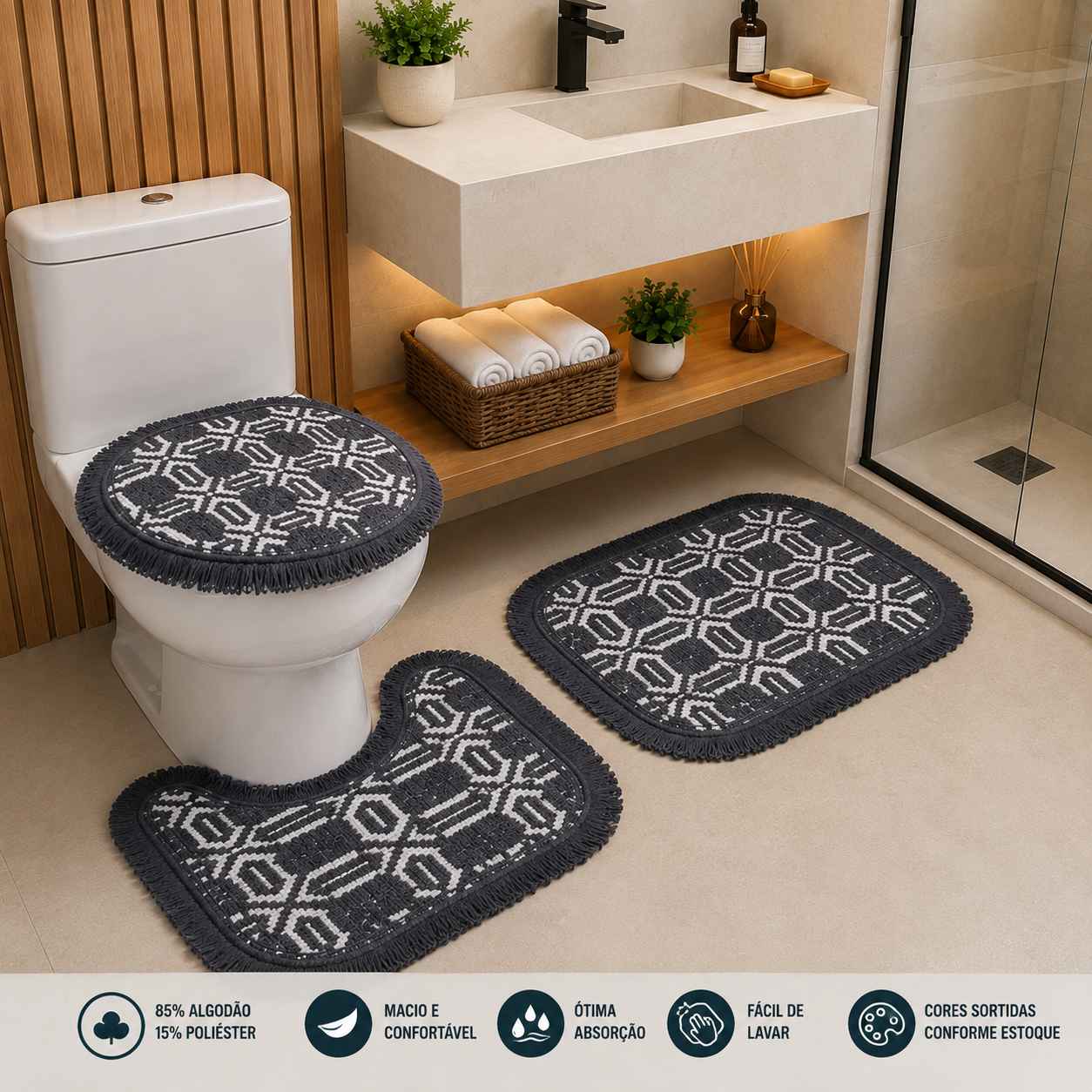 Kit de Banheiro 3 Peças em Algodão – Cores Sortidas