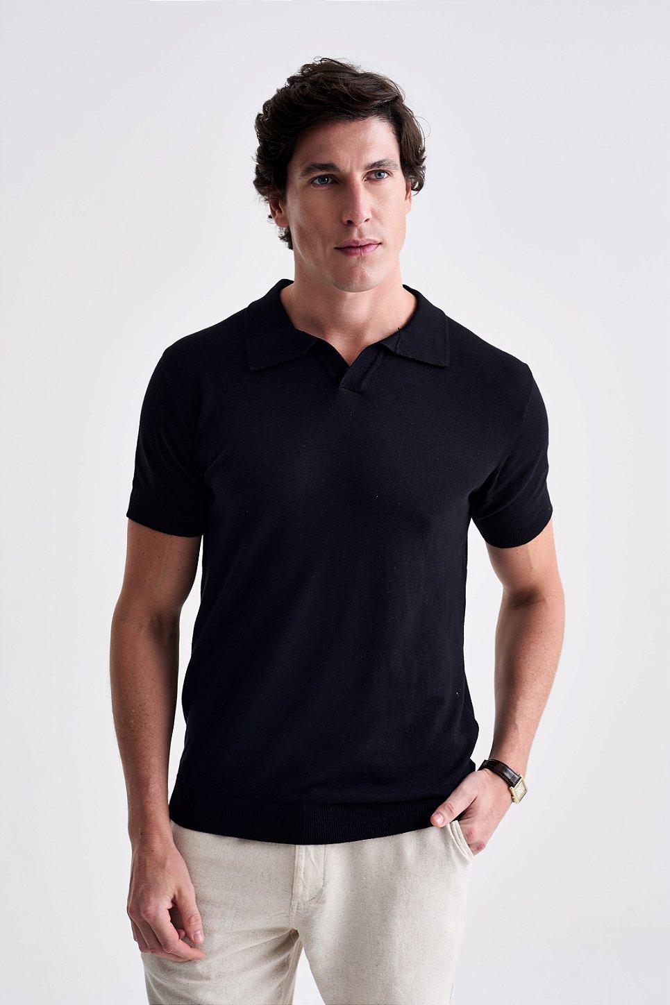 Polo Tricot Gola V - Preto