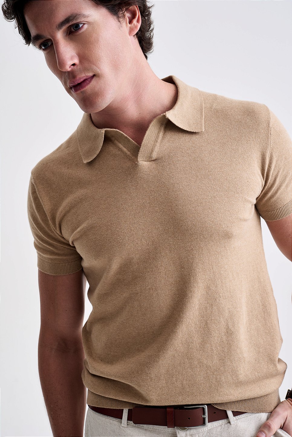 Polo Tricot Gola V - Bege