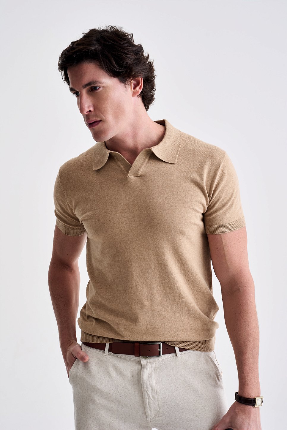 Polo Tricot Gola V - Bege
