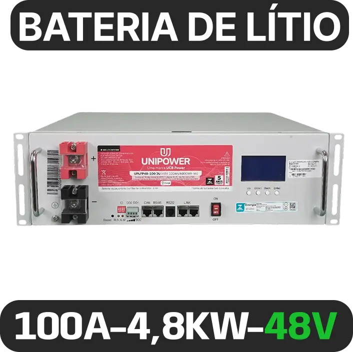 Bateria de Lítio Unipower 48V 100Ah 4,8kWh LiFePO4 para Energia Solar e Telecom