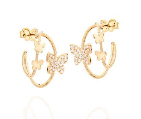 Brinco meia argola borboleta banhado a ouro 18k com zircônias