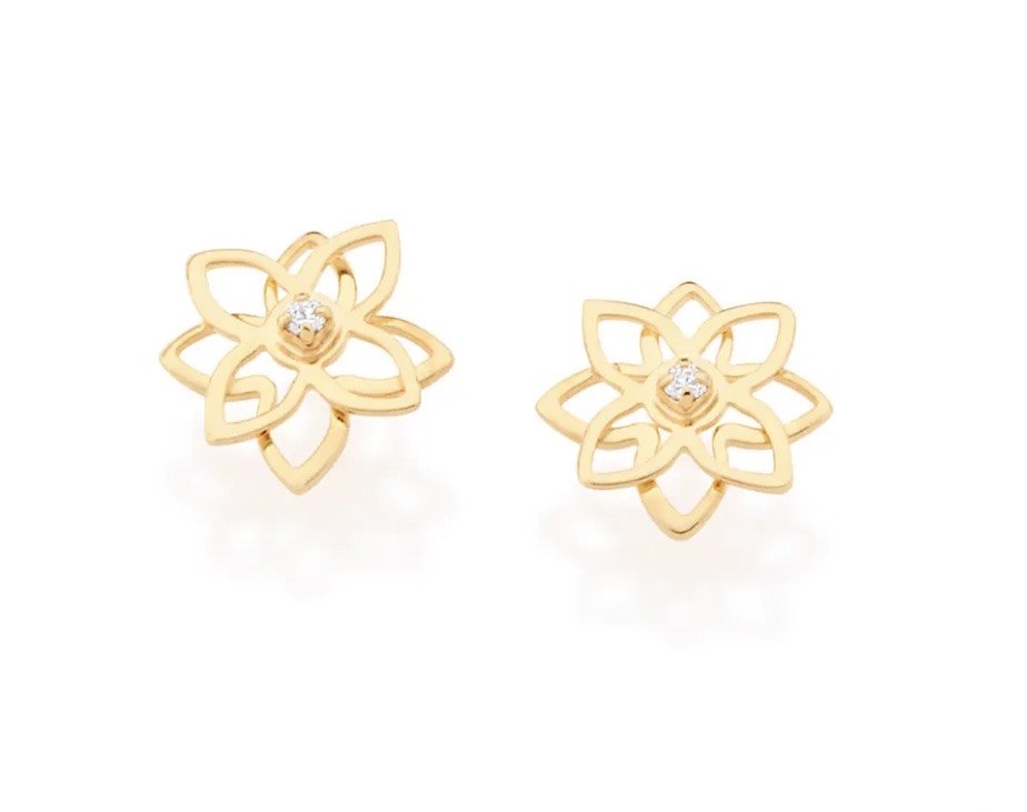 Brinco flor banhado a ouro 18k com zircônias