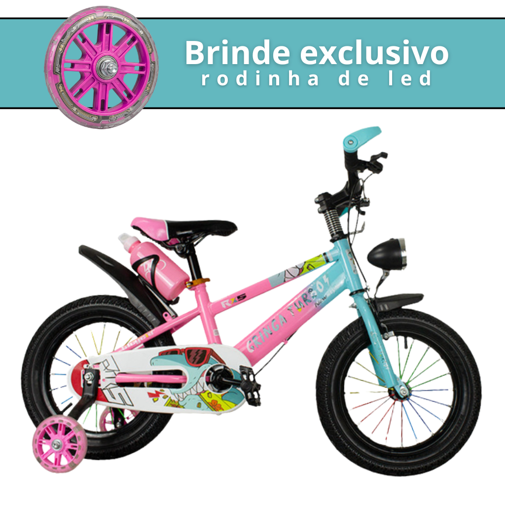Bicicleta Infantil Aro 16 Rosa 4 a 8 Anos Estilo Shark com LED + Pneu Grosso + R