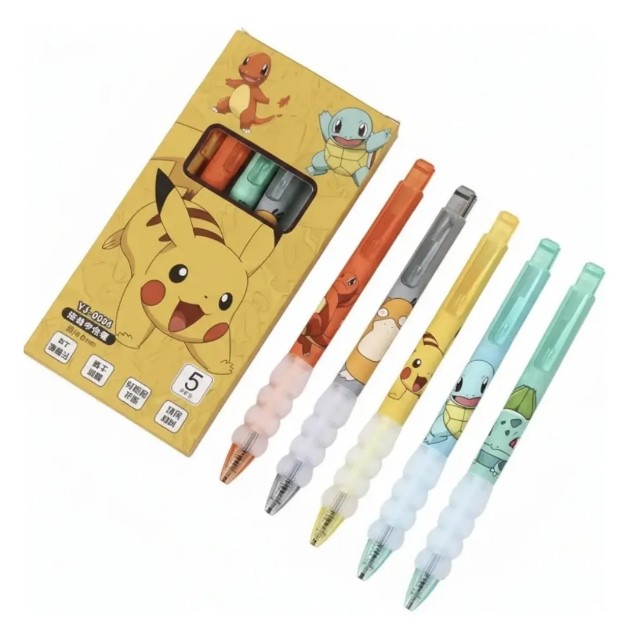 Kit 5 Canetas Escolar Personagens Pokémon