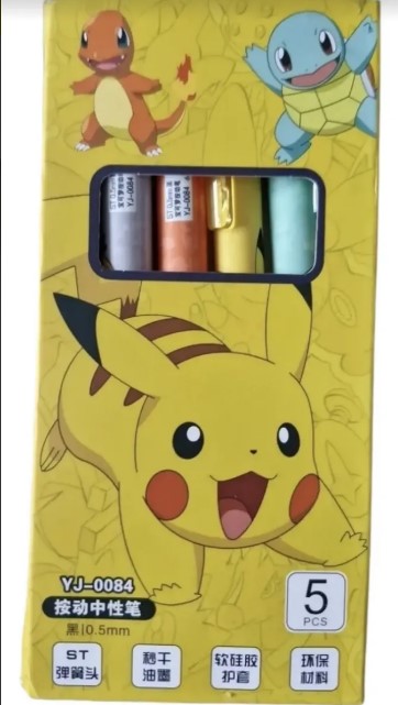 Kit 5 Canetas Escolar Personagens Pokémon