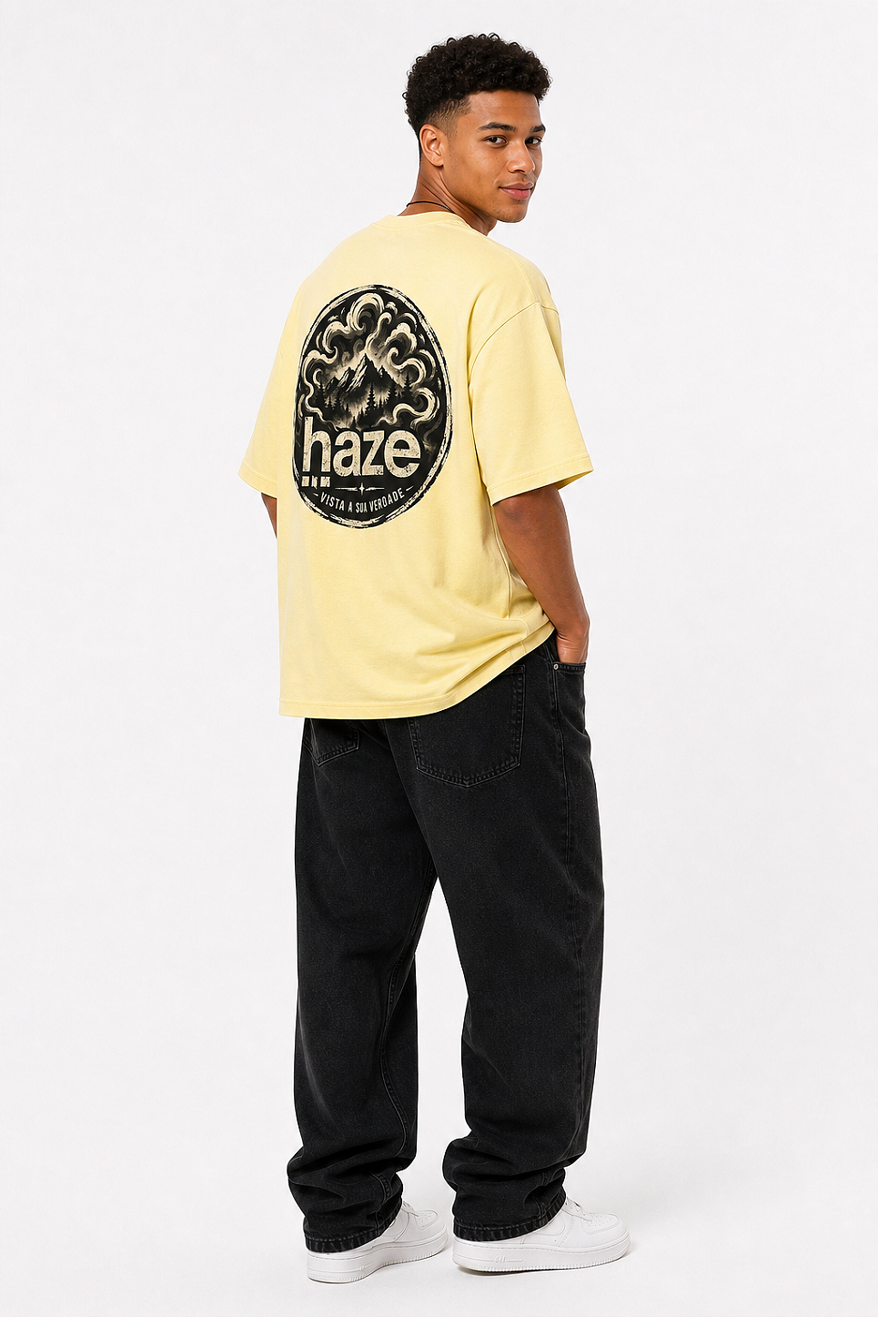Camiseta Oversized Masculina Amarela Estampada Haze