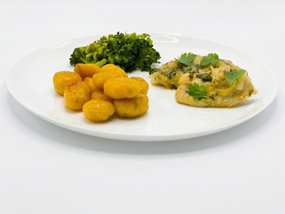 Tilápia ao Curry com nhoque de banana da terra e brócolis no vapor