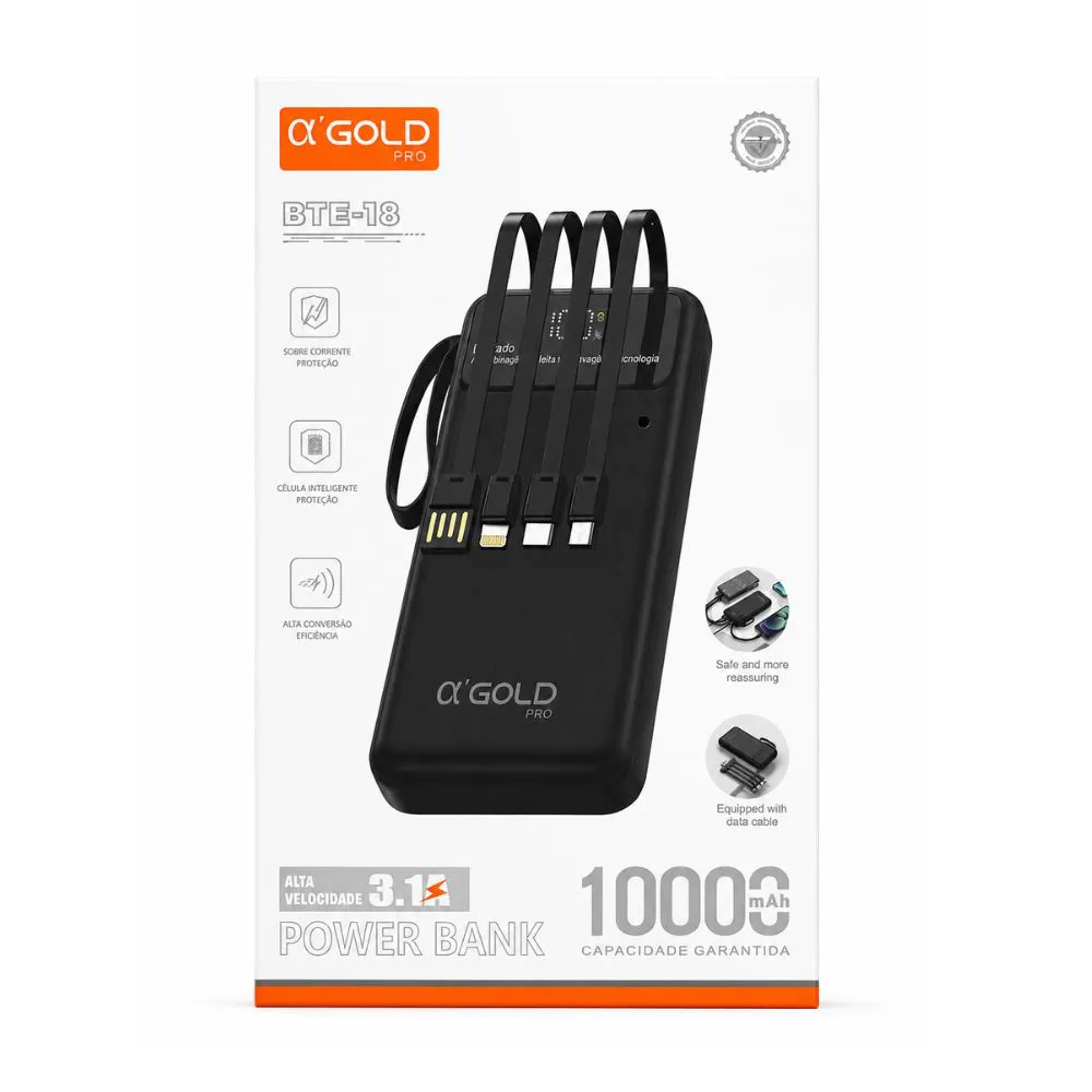 Power Bank Gold Pro BTE-18 10000mAh 4 Cabos Alta Vel 3.1A