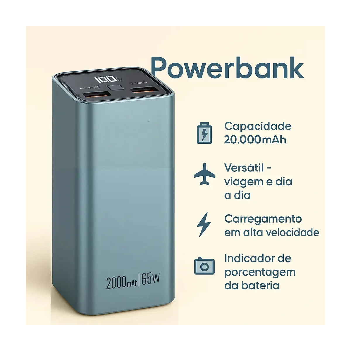 Power Bank A'Gold BTE92 20000mAh 65W Turbo USB-C Azul Quick Charge PD