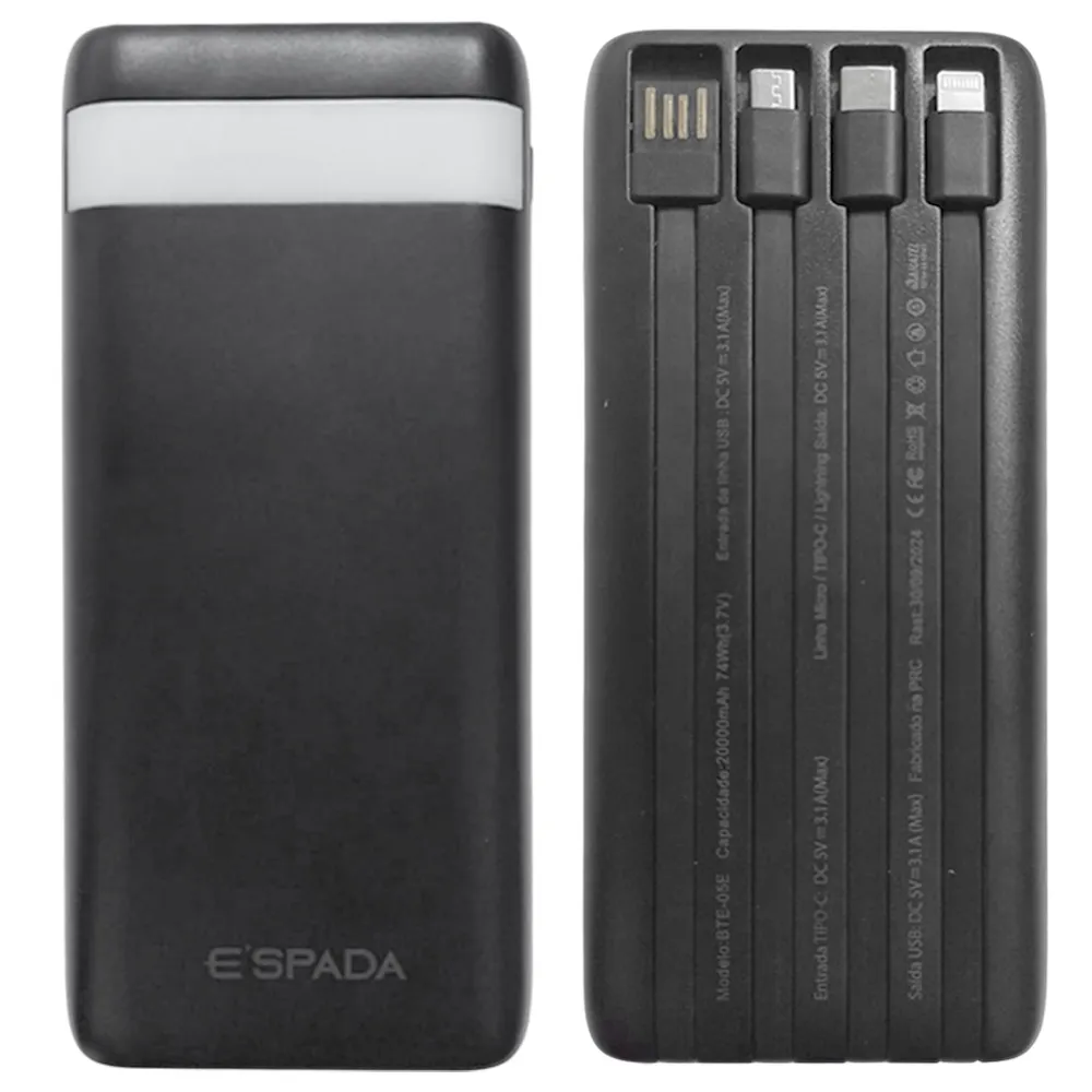 Power Bank 20000mAh E'SPADA BTE-05E – Carregador Portátil Turbo 3.1A, Saída USB/Tipo-C/Lightning, Bateria Externa Recarregável para Celular Android, Tablet e IOS.