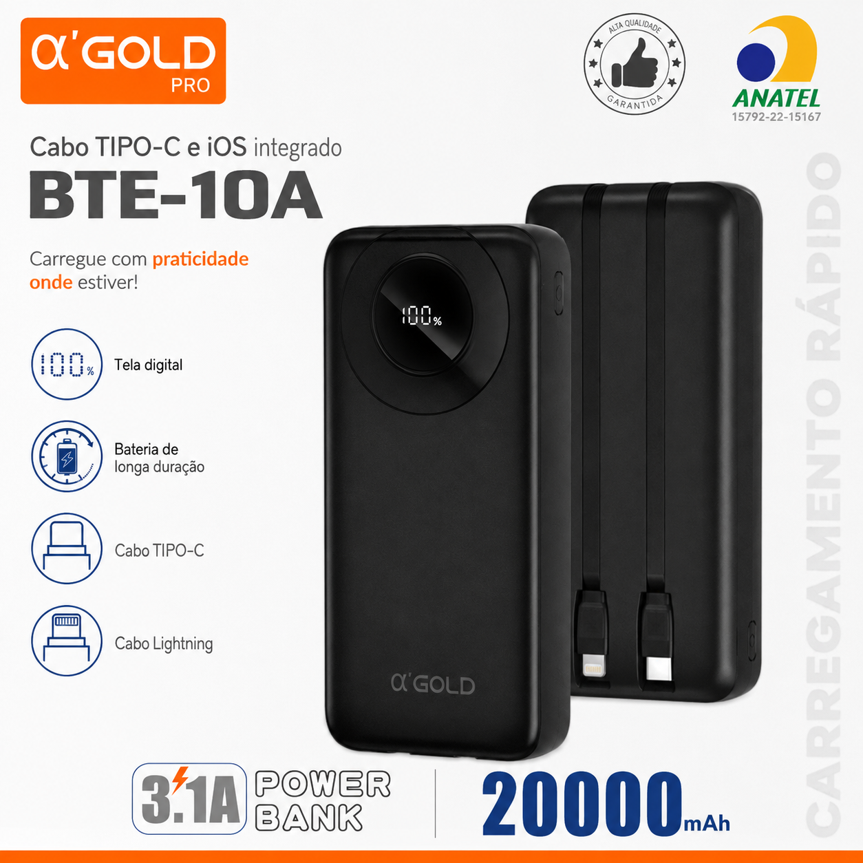 Power Bank Carregador Portátil A'gold BTE-10A 20000mah