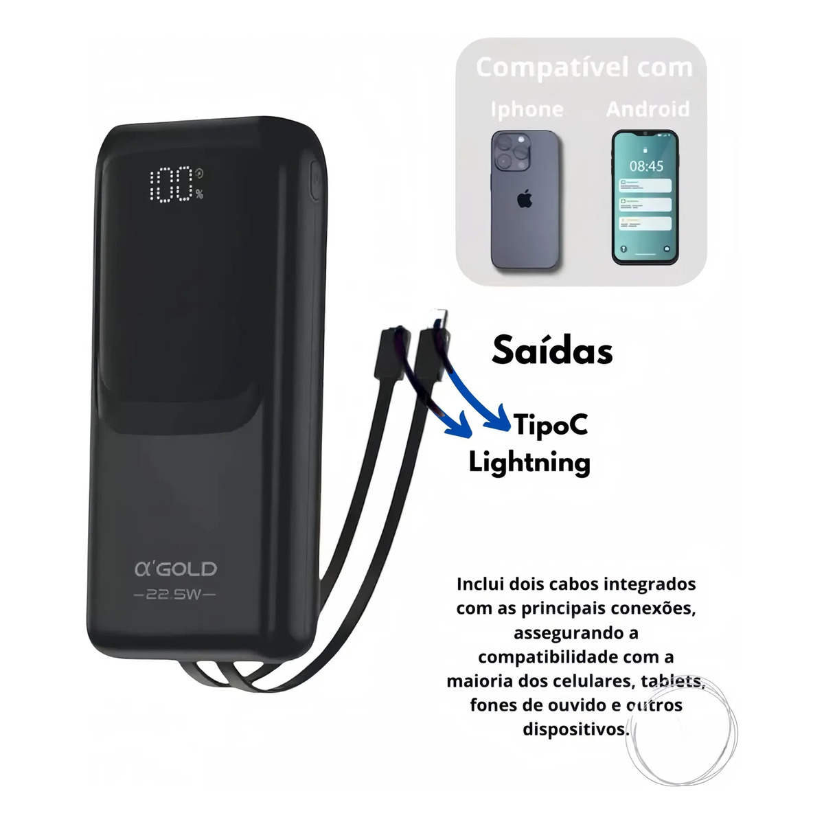 Carregador Portátil A’Gold Pro BTE-41 20000mah Turbo 22,5w Powerbank Universal