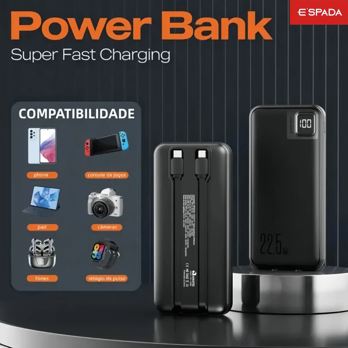Carregador Power Bank Turbo 22.5W Portátil 20000mAh Universal Saída 2 Cabos Tipo-C E Lightning Espada BTE-37E