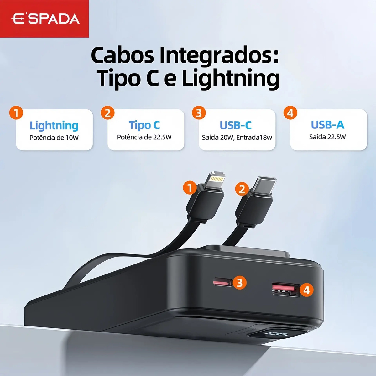 Carregador Power Bank Turbo 22.5W Portátil 20000mAh Universal Saída 2 Cabos Tipo-C E Lightning Espada BTE-37E