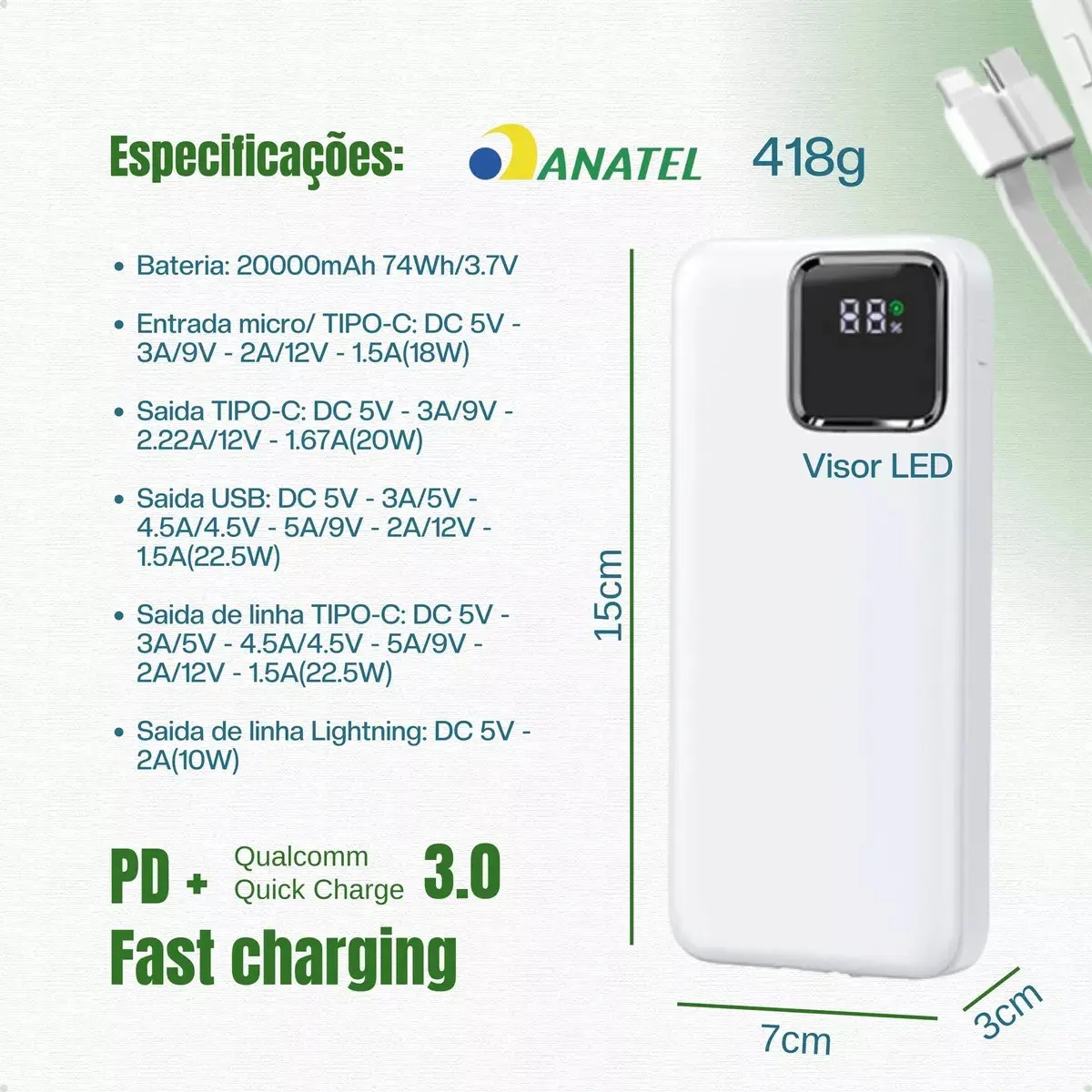 Carregador Power Bank Turbo 22.5W Portátil 20000mAh Universal Saída 2 Cabos Tipo-C E Lightning Espada BTE-37E