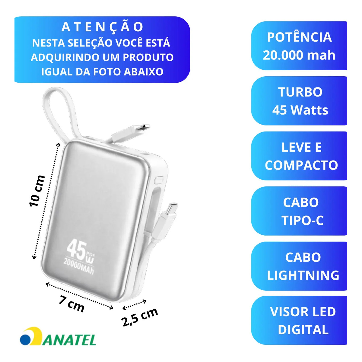 Power Bank A’Gold Pro BTE-106 20.000mAh Rápido Portátil 45W Display Carregador